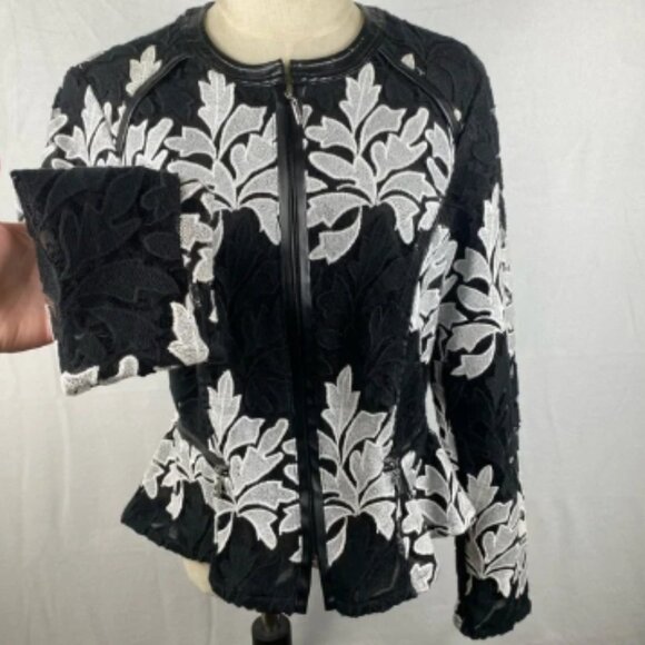 INC International Concepts | Black & White Lace Peplum Jacket | Women’s Medium - Picture 1 of 16